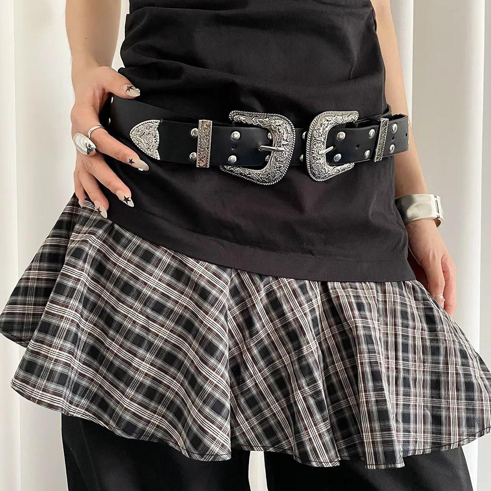 Black Women's Rivet Belt Y2k Dress Jeans Belt Fashionable Leather Waist Belt  Waist-Cinching