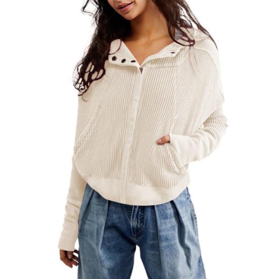 Dámská vaflová pletená mikina s kapucí na zip s dlouhým rukávem, zkrácené mikiny, ležérní žebrované krátké bundy s kapsami