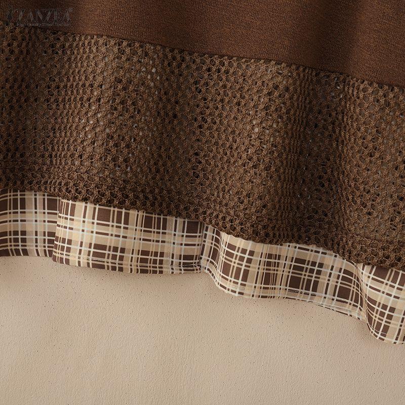 ZANZEA Damen Karo Druck Lässige Rundhals Langarm Bluse