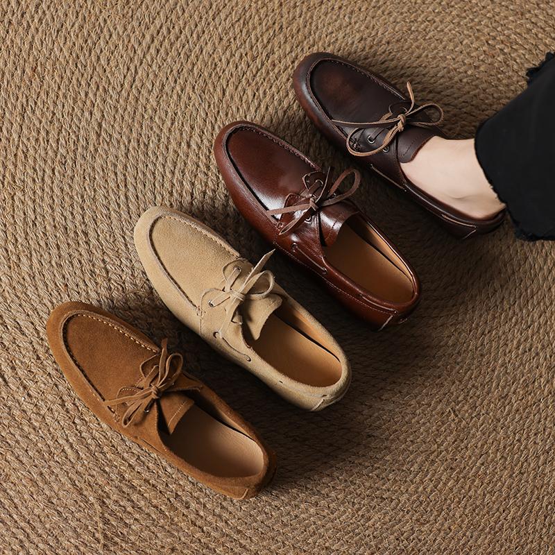Fashion 2025 New Spring Genuine Leather Women Shoes Round Toe Women Flats Shoes for Women Retro Lace Up Loafers Fashion Ladies Shoes