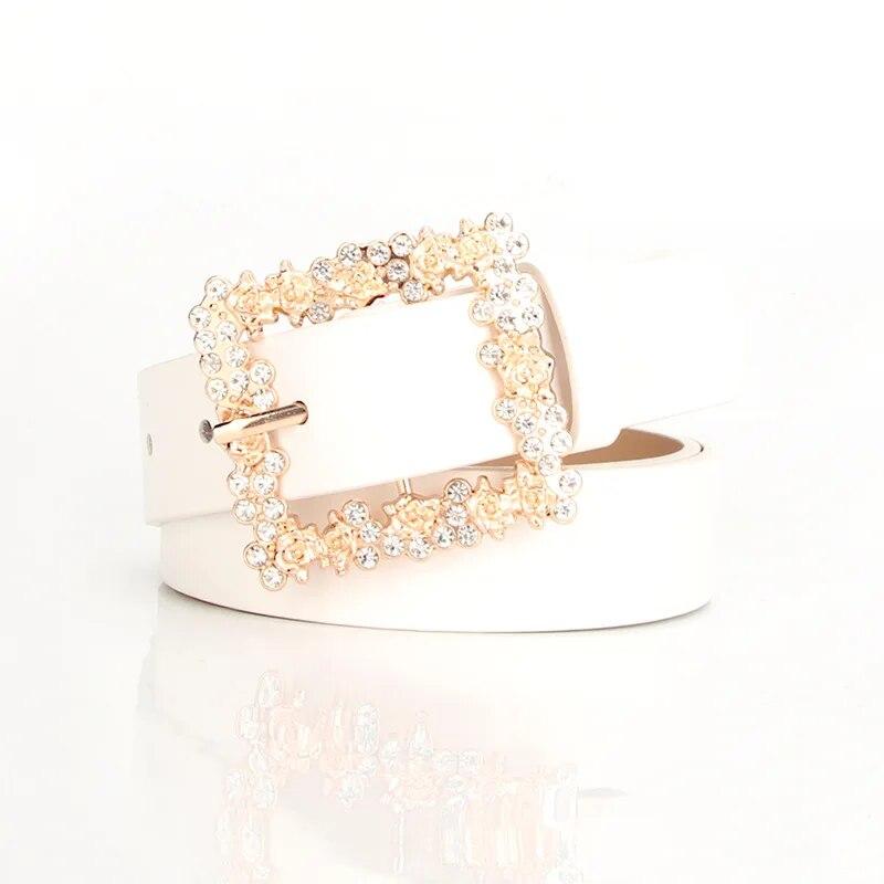 Fashionable Belts for Woman Gold Color Metal Floral Rhinestone Buckle Simple Practical Solid Color PU Belts