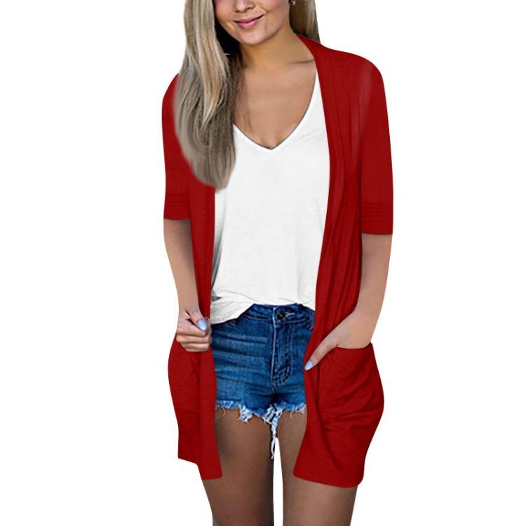 

Women s Casual Solid Color Loose Cardigan Top with Pocket and Seven Part Sleeve Jacket Fashion S червоний