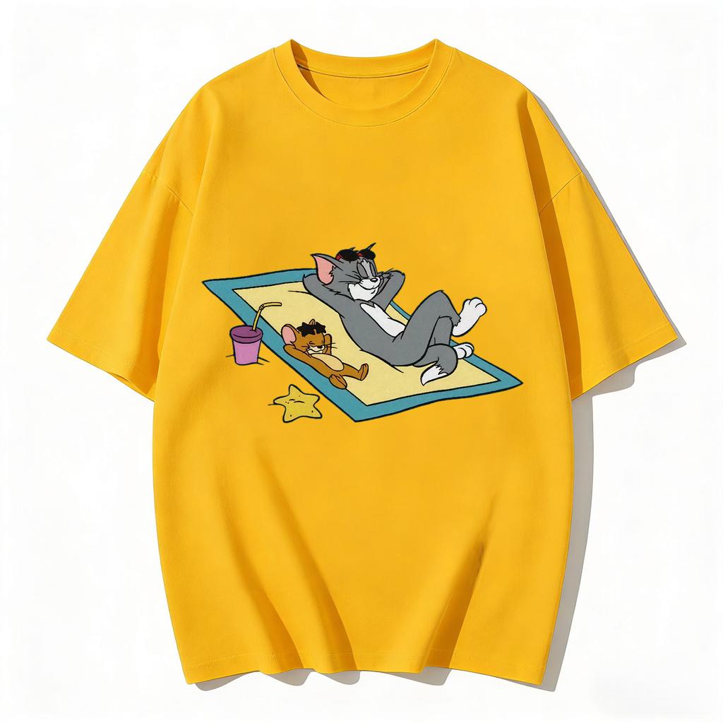 2026 New Tom Jerry Print Tshirt Casual Loose Couple Family Matching Outfits Short Sleeve Cotton Tee Summer Streetwear Tops Y2k