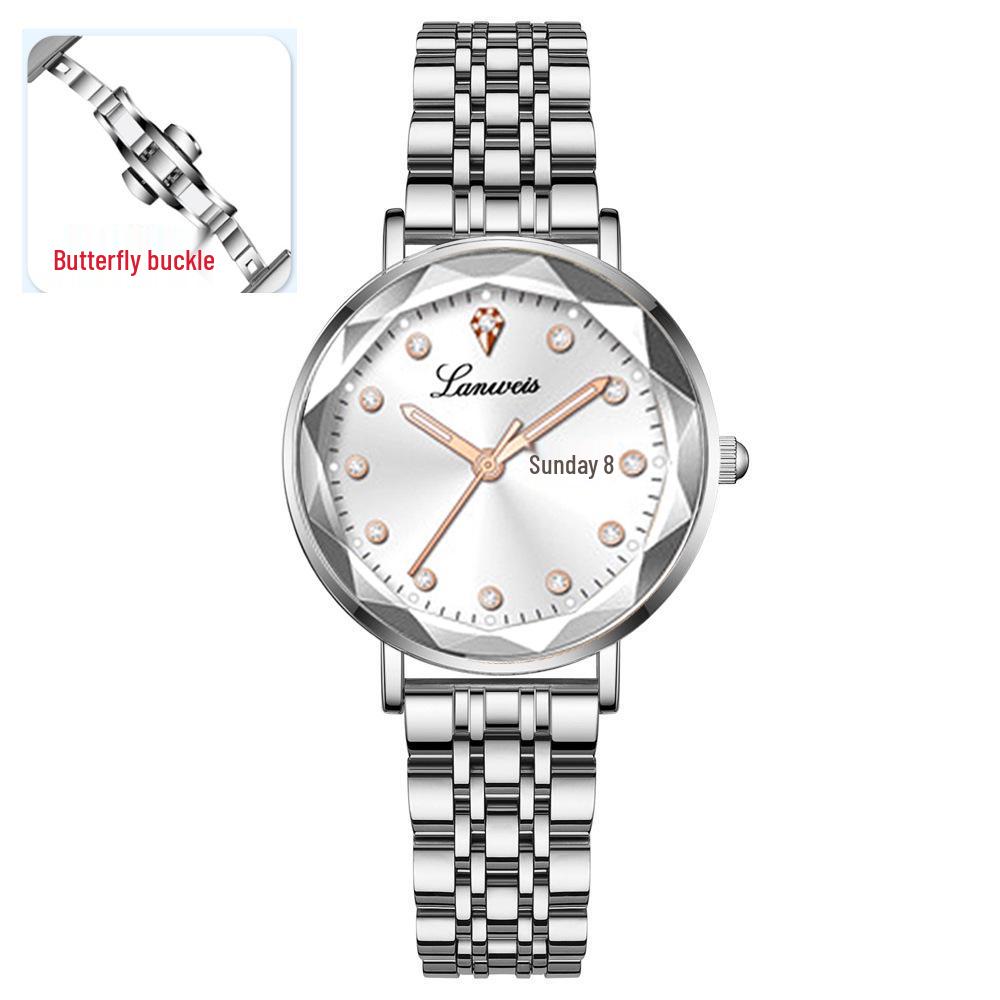 Origineel Dames Stalen Band Horloge met Vlinder Sluiting, Dubbele Datum, Lichtgevend, Waterdicht, Elegante Nieuwe Stijl.