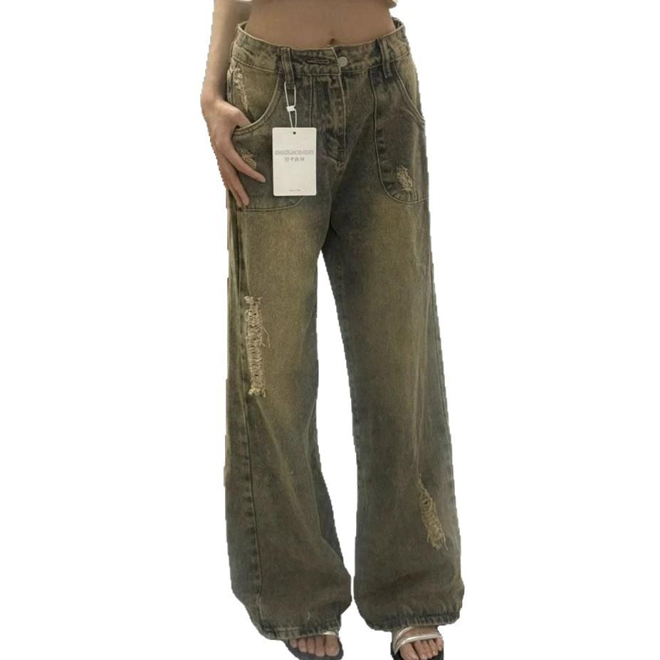 Niche Design Sense Washed Broken Holes Jeans Women Blue Large Size Straight Loose Trailing Floor Wide Leg Trousers Jeans for Women Long Denim Pants
