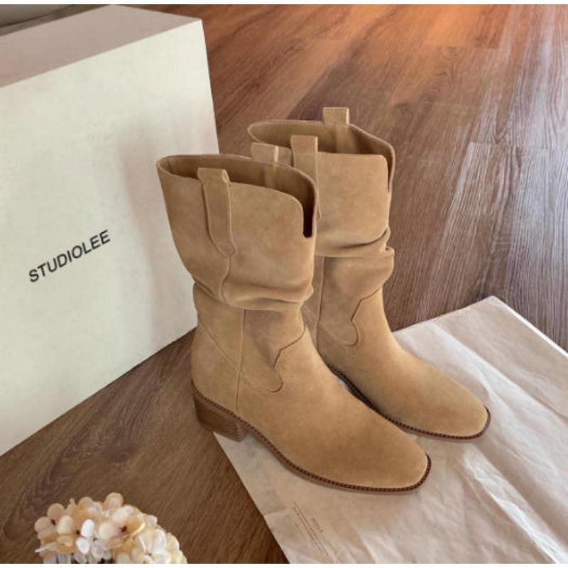 Cowhide Height Increase 8cm Round Head V Mouth Thick Heel Thin Pile Short Boots Female Western Cowboy Boots
