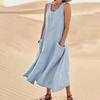 Women Summer Solid Color Crew Neck Sleeveless Cotton Linen Dress Loose Casual Long Dress