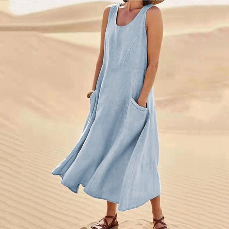 Women Summer Solid Color Crew Neck Sleeveless Cotton Linen Dress Loose Casual Long Dress