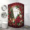 1pc Christmas red floral print waterproof shower hanging curtain with 12 hooks, multi size holiday decoration, machine washabl