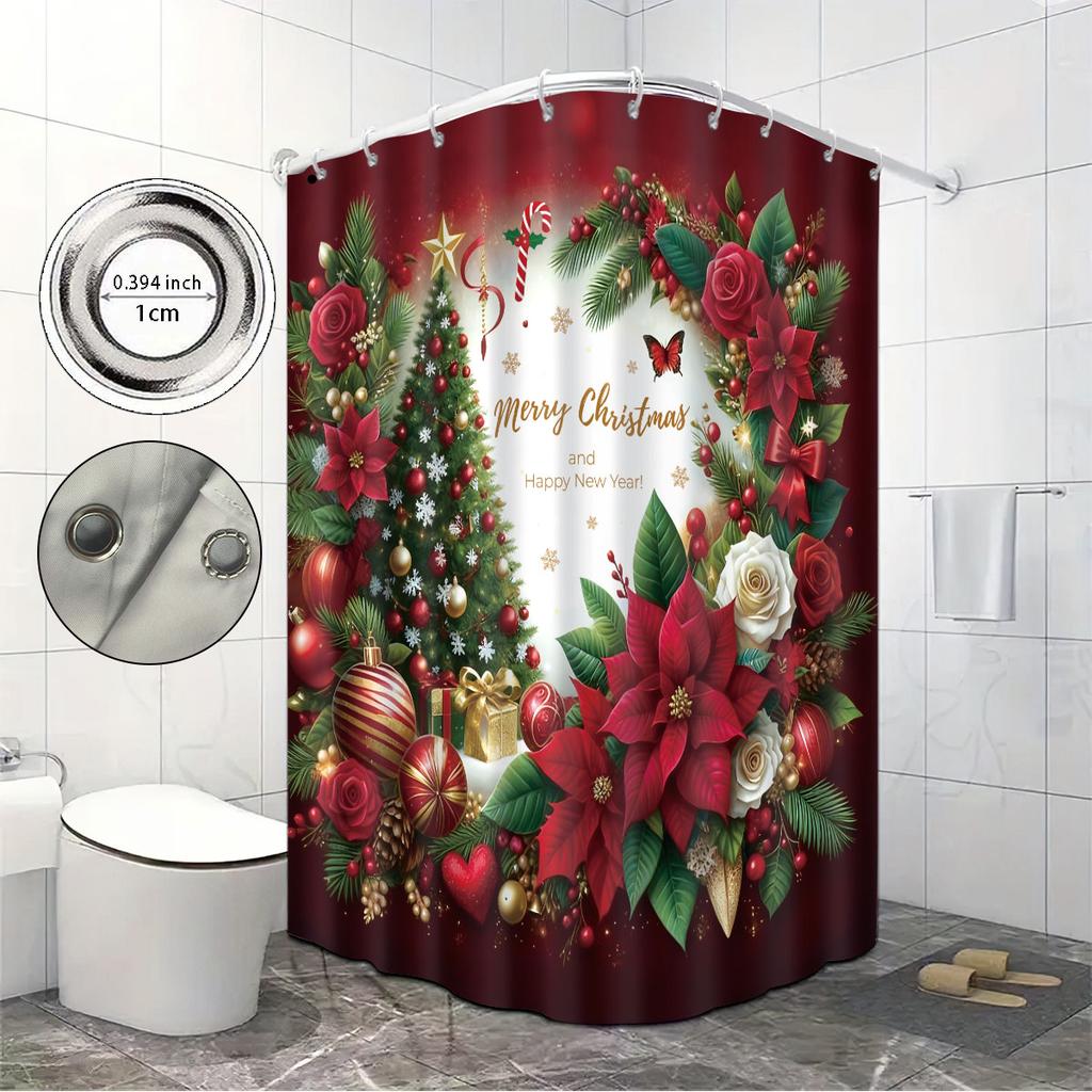 1pc Christmas red floral print waterproof shower hanging curtain with 12 hooks, multi size holiday decoration, machine washabl