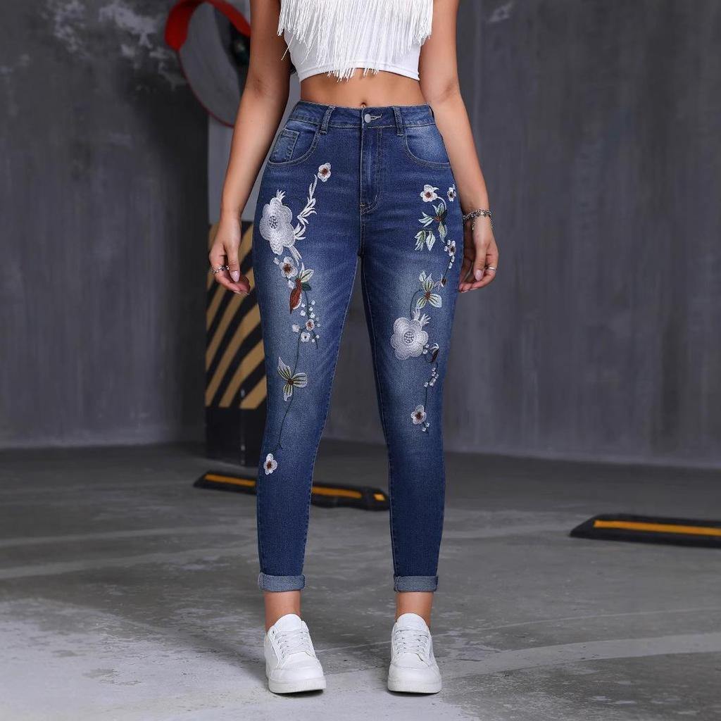 Damskie Jeansy Rurki z Haftem, Rozciągliwe, Wysmuklające, z Niskim Stanem, Styl Retro, Jesień 2025