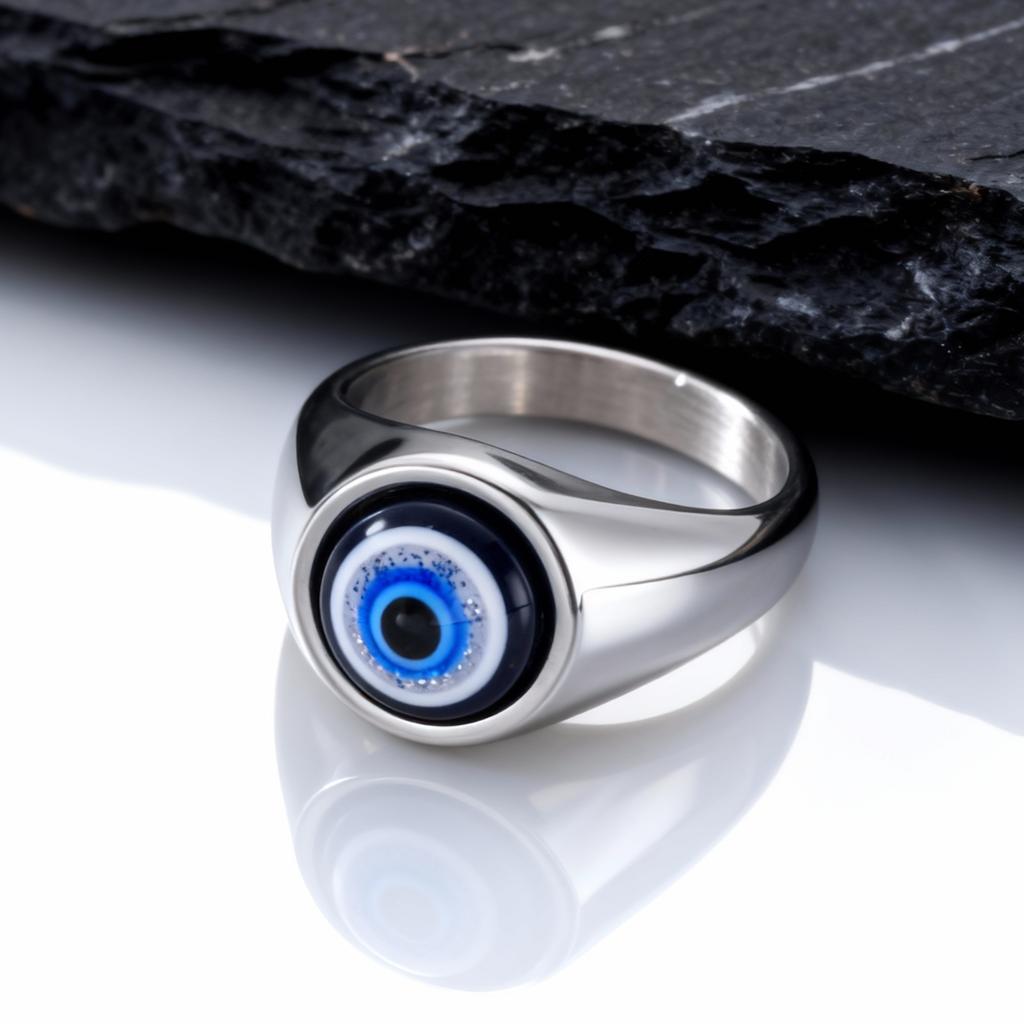 Hip Hop Evil Eye Ring for Men,Stainless Steel Blue Devil's Eye Signet Ring,Punk Eyeball Jewelry Gift