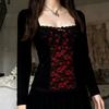 Gothic Lace Trimmed Square Neck Long Sleeve T-Shirt Women Slim Fit Sheer Mesh Panel Top