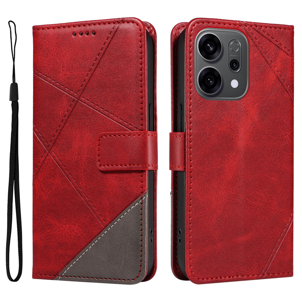 

For Oppo Reno14 5G (China)/Oppo Reno14 F 5G/Oppo Reno14 5G (Global) Leather Case Geometric Line Design Wallet Phone Cover with Wrist Strap Red