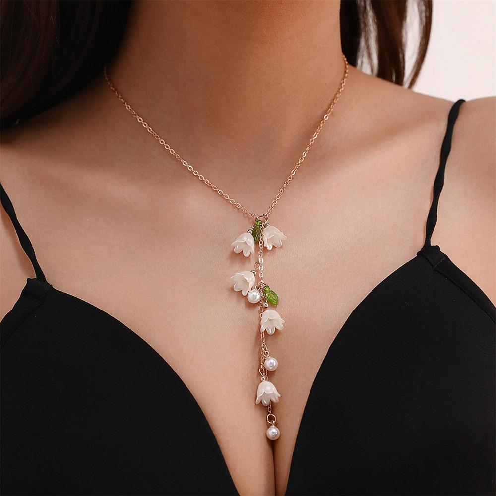 Pearl Flowers Jewelry Set Hand Chain May Bells Earrings Chic Lilies of The Valley Necklace  Women