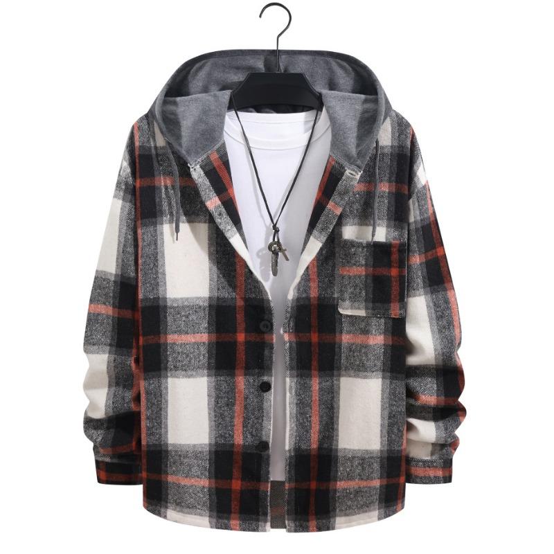 Men S Casual Loose Long Sleeve Hooded Plaid Flannel Shirt Jacket