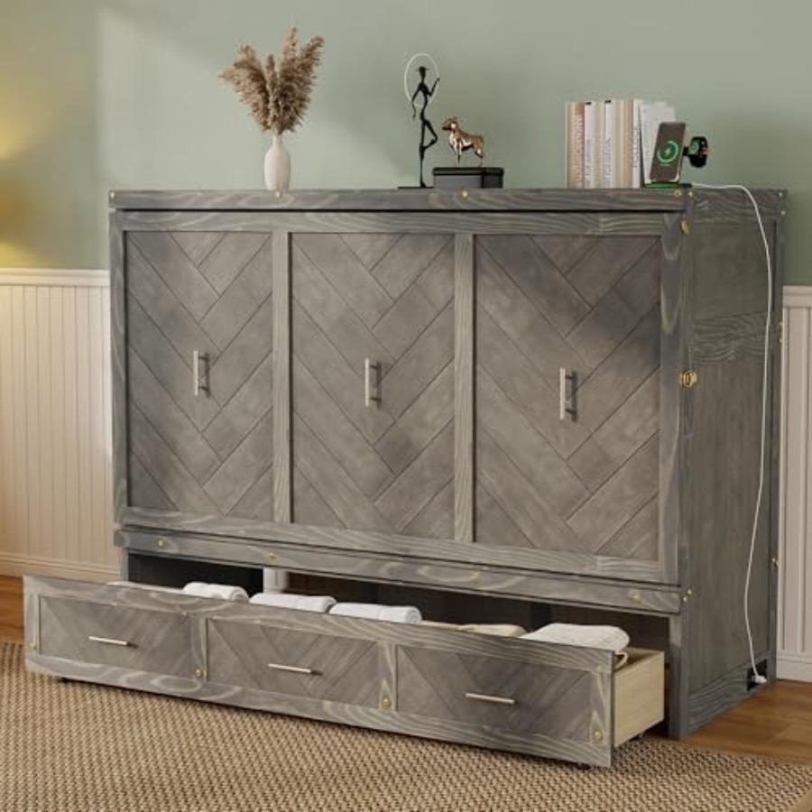 Queen Murphy Bed Cabinet Charging Station and Geometrical Panel, Pine Wood Hideaway Bed Frame Large 3-Compartment Drawer, 2-in-