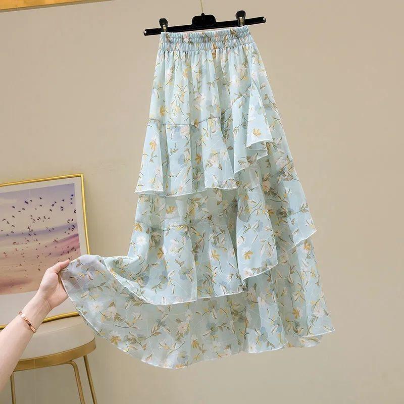 Floral Skirt Women Summer Sweet Ruffled A-line Chiffon Long Skirt Woman Korean Clothing