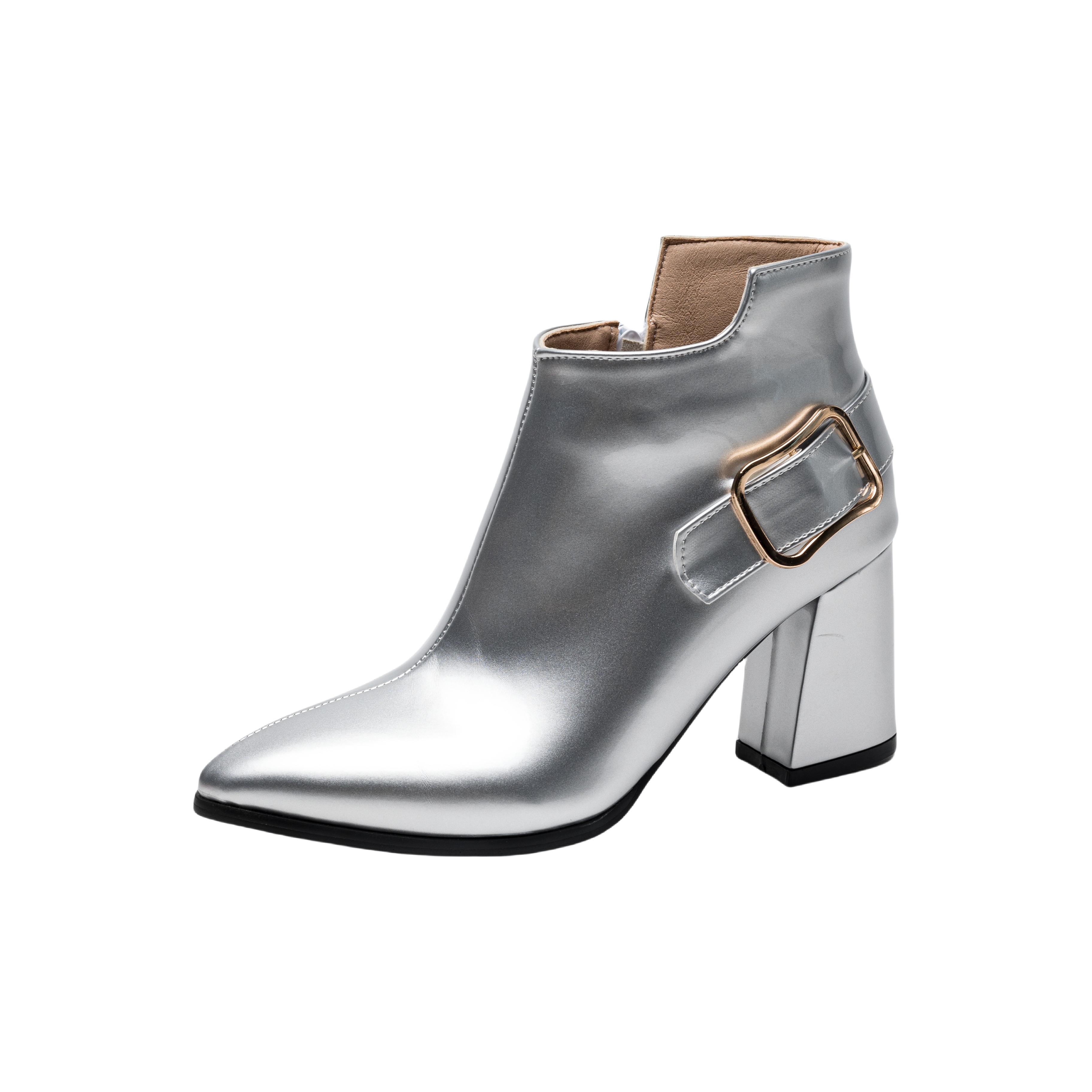 

Женские короткие сапоги на высоком каблуке осень и зима новый стиль европейский и американский стиль толстый каблук острый женские сапоги большие размеры 38 серебряный