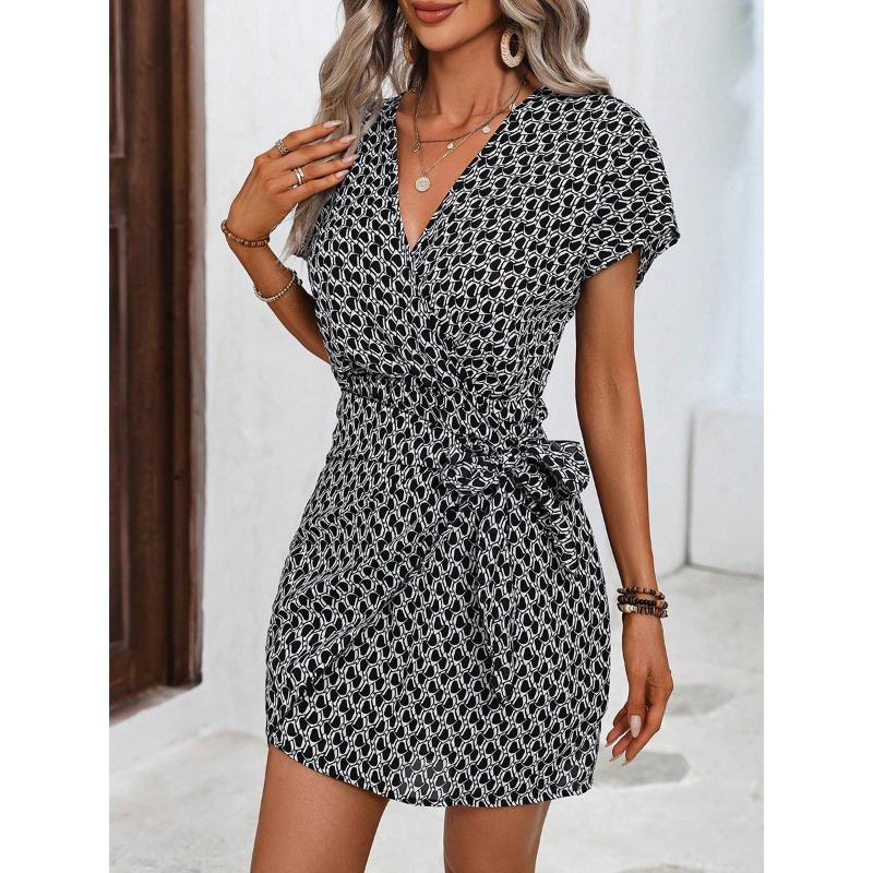 Summer V-Neck Geometric Print Wrap Tie Waist Short Sleeve Mini Dress