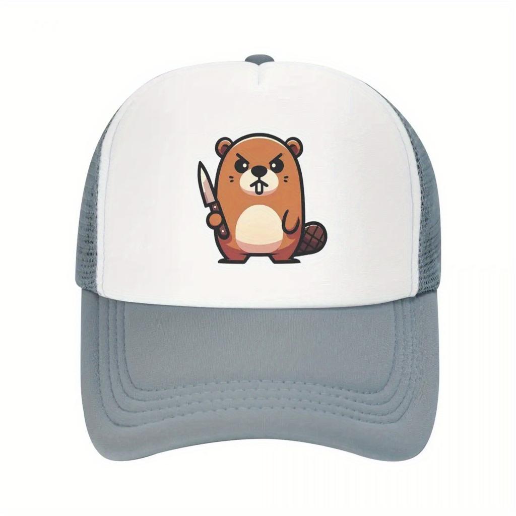 Angry Beaver With Knife Graphic Trucker Cap Polyester Mesh Baseball Hat Adjustable Casual Unisex Headwear