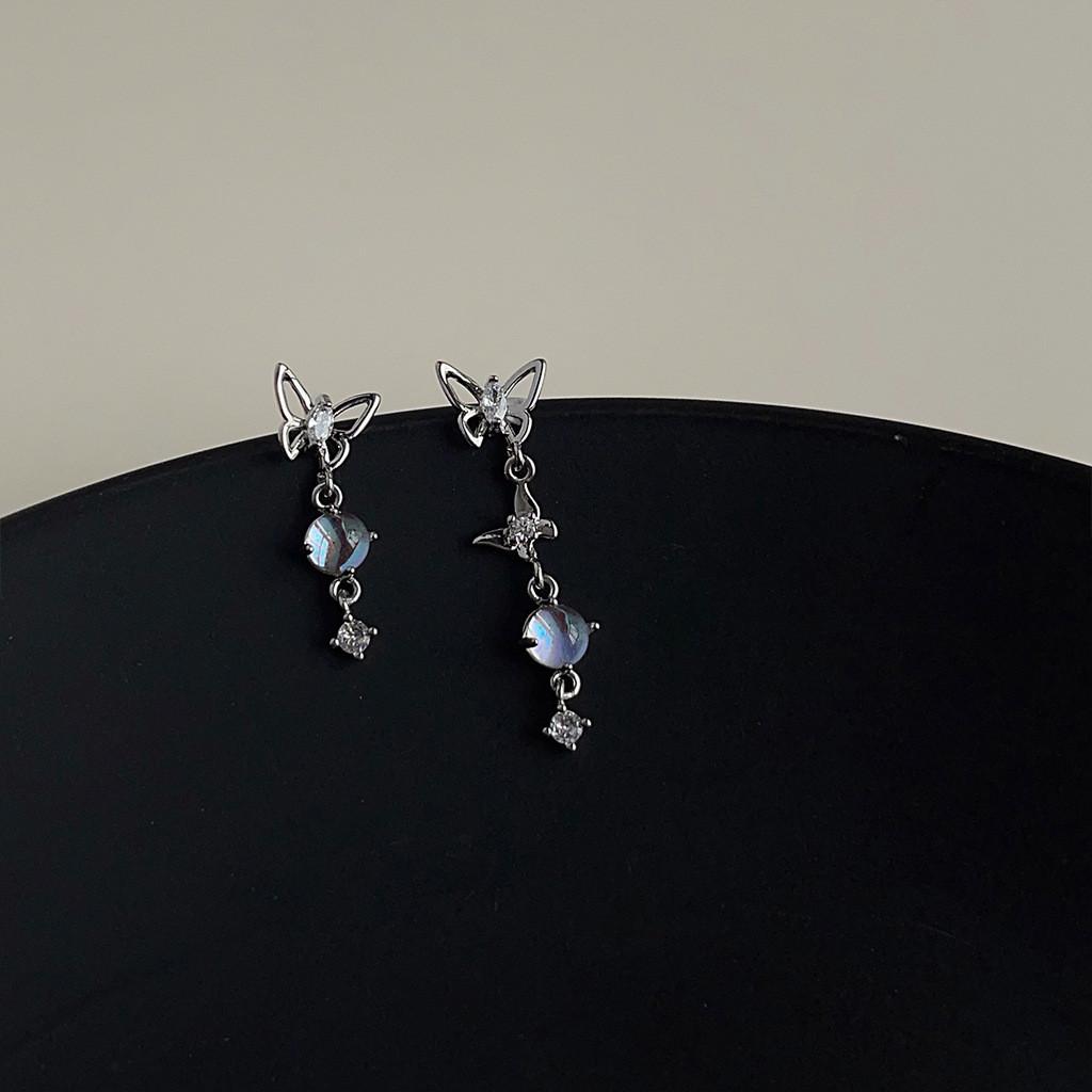 Fashion Moonstone Tassels Earring Hollow Butterfly Crystal Silver Drop Earrings for Women Jewelry Accessories