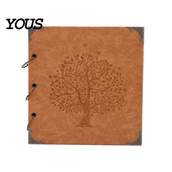 Tree of Life Embossed Cover DIY Scrapbook Album, Faux Leather Black Card Photo Album with Metal Corner Guard Ring Binding, Memory Book for Journaling,