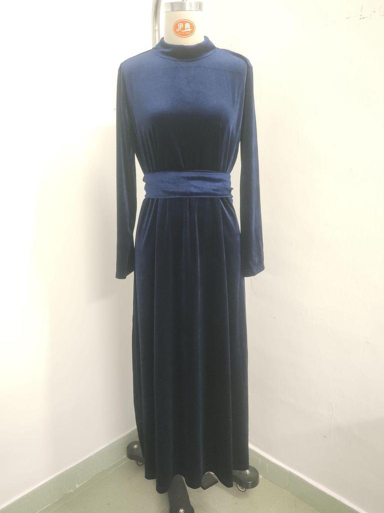 2026 Women's Elegant Gold Velvet Long-Sleeve Slimming Dress with Waist-Cinched Design for Autumn/Winter.