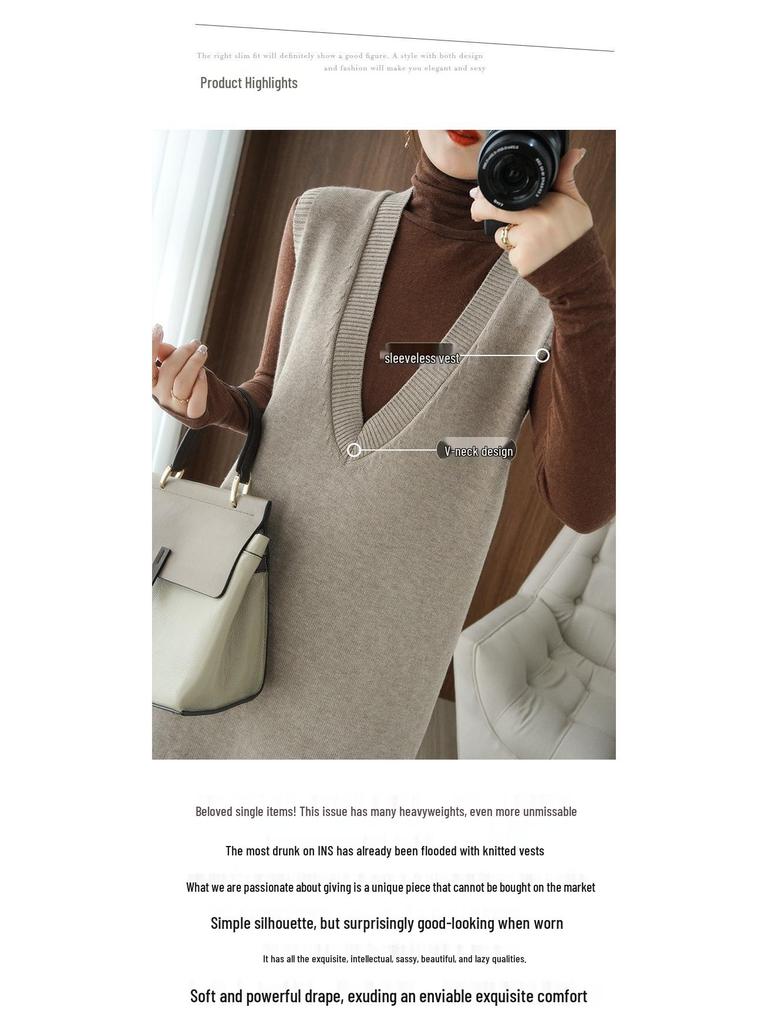 2021 Autumn College Style Long Knit Vest Dress: Loose Over-the-Knee, Elegant Mature Sister Style