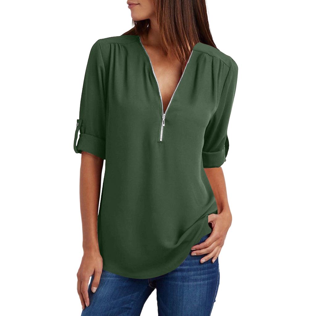 Womens Spring Tops V Neck Zipper Blouse Summer Shirts for Women Casual Tunic Womens Summer Shirts Dressy Tops for Women