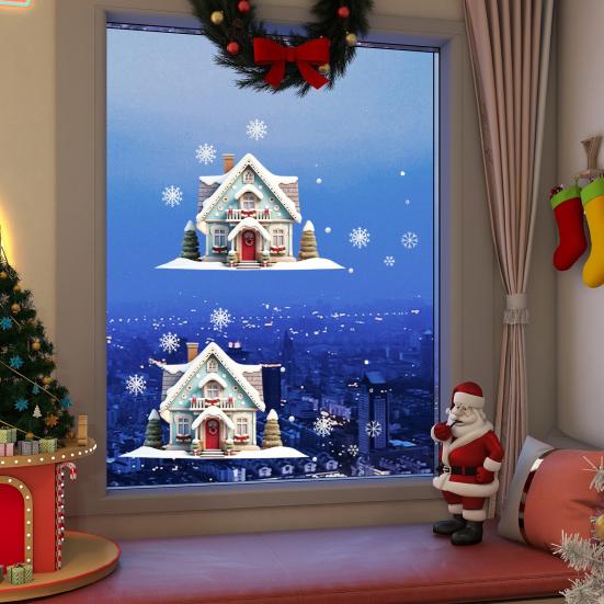 Christmas Double House Window Cling Removable Waterproof PVC Merry Christmas Winter Cabin Static Glass Sticker Holiday Party Decoration Decal