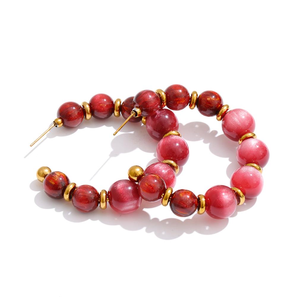 Yhpup French Colorful Acrylic Beads C-Shape Huggie Earrings Tarnish Resistant Stainless Steel Fashion Handmade Charms Jewelry