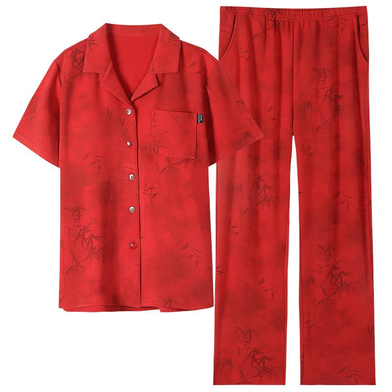 Couple pajamas summer new pure cotton red short-sleeved trousers women's wedding natal year men's cool thin loungewear
