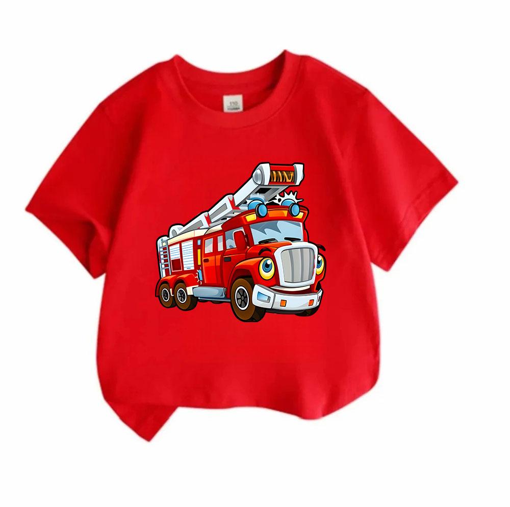 Kids Boys Girls Crew Neck Short Sleeve T-Shirt, 100% Cotton Casual Cute Cartoon Fire Truck Printed Soft Breathable Tee Top for Children Daily Wear