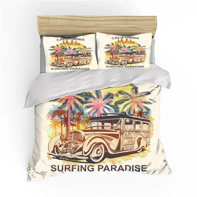 Surf Duvet Cover Hippie Classic Old Bus Surfboard Freedom Holiday Exotic Life Sketchy Art Yellow Orange Room Decor for Women Men