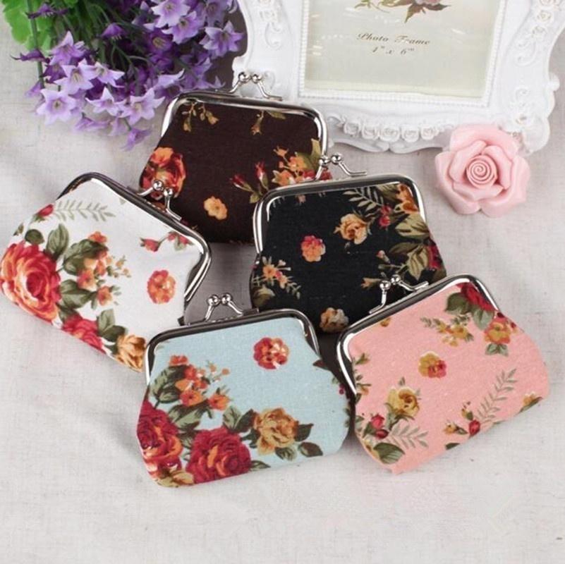 Women Girl Retro Rose Flowers Printed Hasp Canvas Coin Purse Wallets Buckle Pouch Bag Gift 1 Pc
