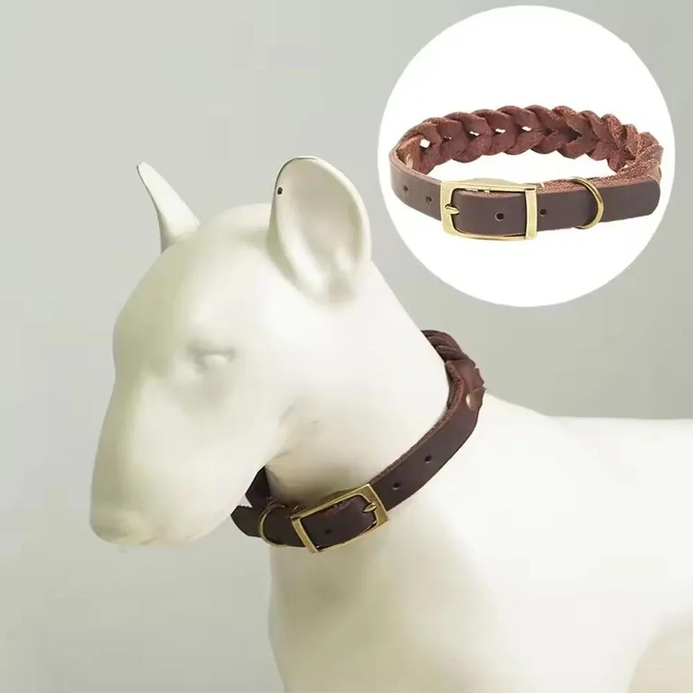 Braided Real Leather Dog Collar Adjustable Pet Puppy Collars for Small and Medium-sized Dogs Outdoor Pet Dog Walking Accessories