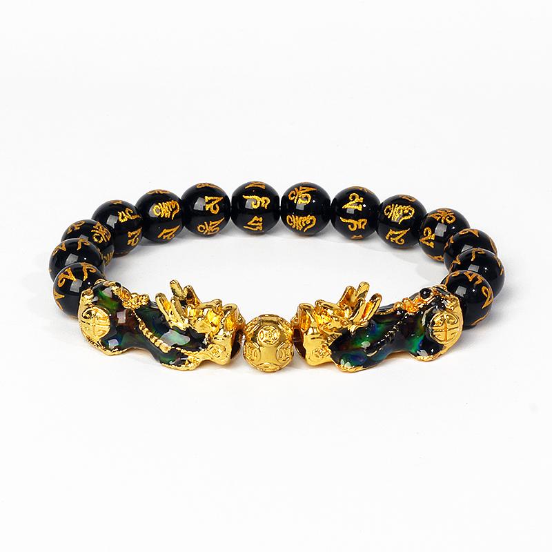 Feng Shui Black Obsidian Wealth Bracelets Men Color Changed Pi Xiu Bracelets Women 10mm Dragon Mantra Bead Bangle Lucky Jewelry