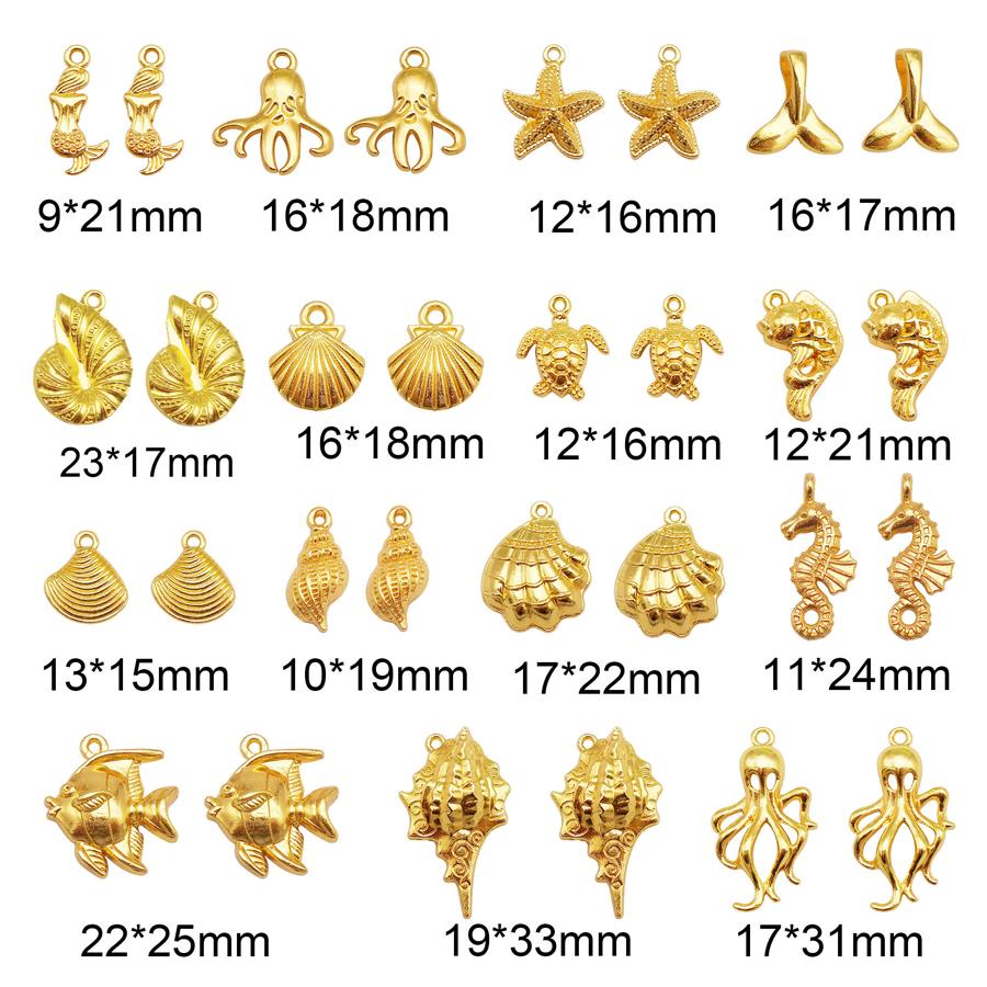 10/15PCS Gold Color Marine Life Charms Alloy Fish Mermaid Shell Conch Seahorse Octopus Pendant Bracelet Jewelry Making Accessory
