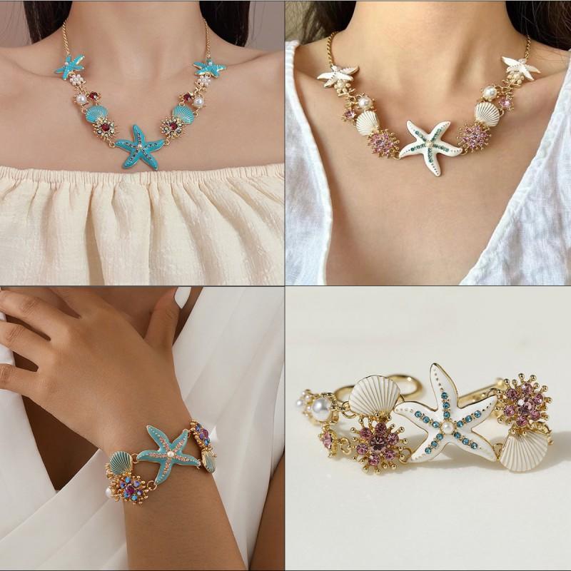Seashell Starfish Coral Pendant Necklace Bracelet Set Chic Beach Vacation Jewelry Women