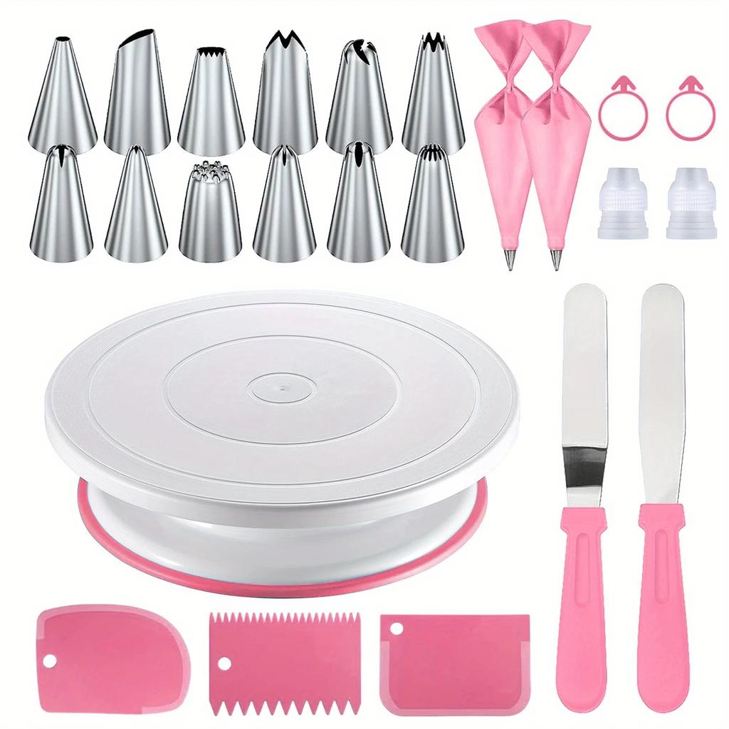 24PCS Cake Decorating Set-Non-Slip Turntable with Piping Tips, Scrapers & Tools for Professional DIY Baking Tools Accessories
