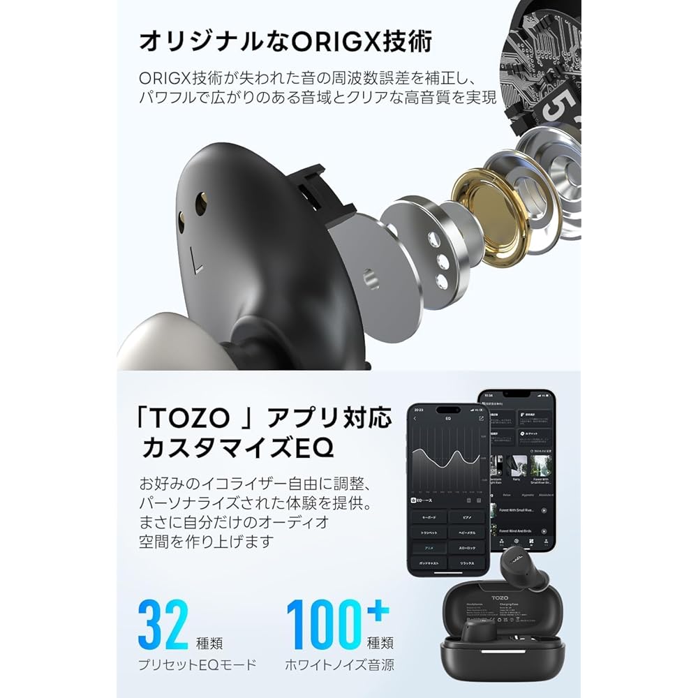 TOZO A1 Earphones Bluetooth Wireless Earphones, Mid-Low Frequency Range, Warm Sound Quality, Small, Lightweight, Comfortable, Built-in Microphone, AI 
