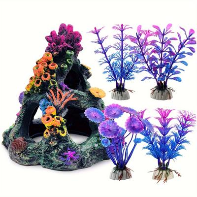 1 Set Aquarium Buntes Korallenriff-Set Aquarium-Dekoration Bergornament für Aquarium-Umgebungen Dekor Korallenberg X 1 Wasserpflanze X 4