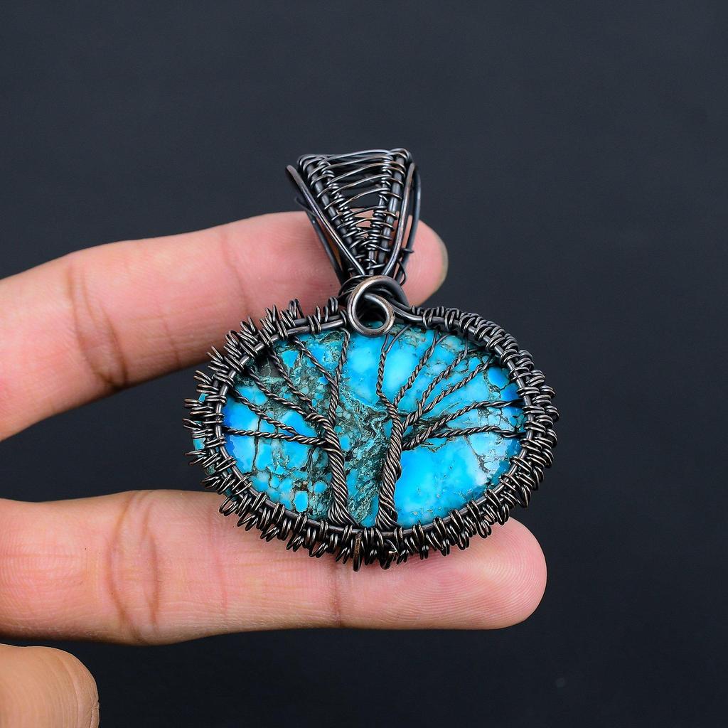 Amazing Tree Of Life Turquoise Gemstone Handmade Copper Wire Wrap Pendant Jewelry For Her
