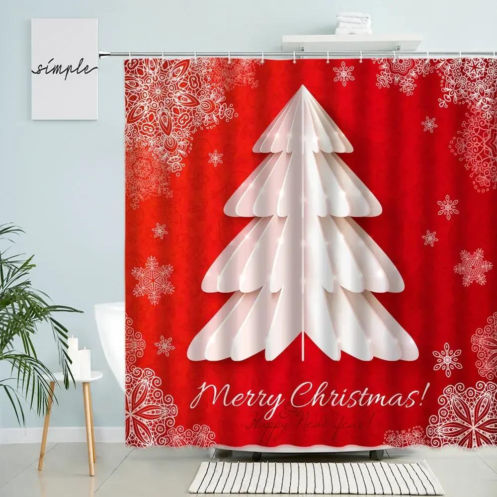 Merry Christmas Shower Curtain Christmas Tree Xmas Ball Red Background Party Bathroom Wall Decor With Hooks Waterproof Screen