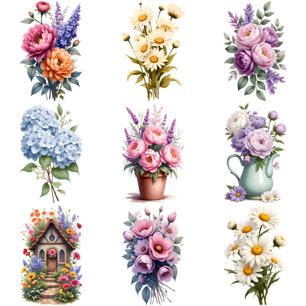 

9 шт. Тимчасові Тату Квіткові Букети Ілюстрації Садові Сцени Квіткові Візерунки Тимчасові Тату Наклейки Для Чоловіків Дітей