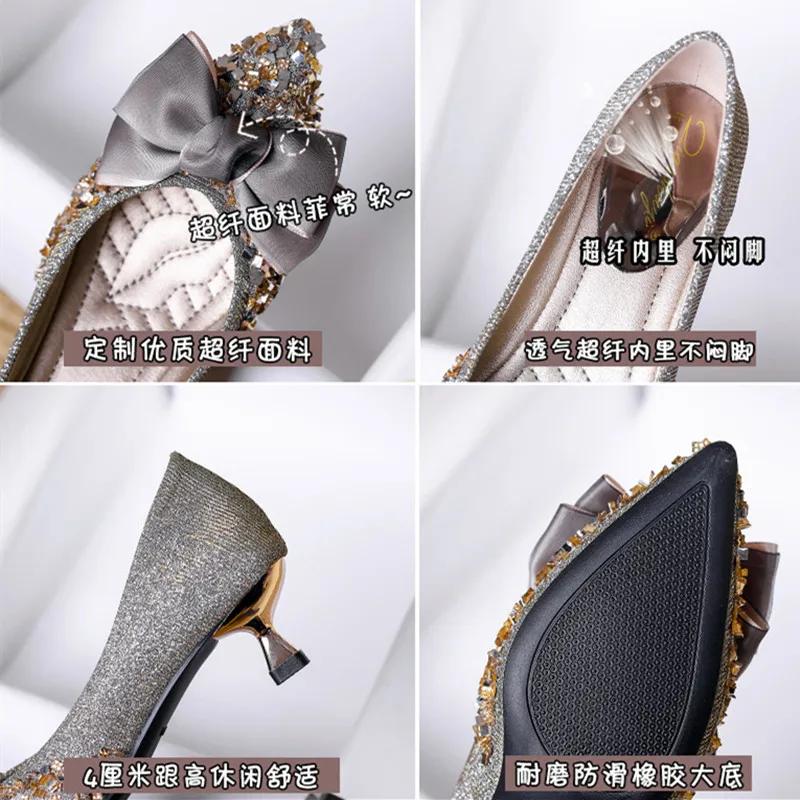 Pantofi cu toc înalt și subțire pentru femei, toc înalt, de lux, cu model Bling Bow, tocuri Mary Jane, tocuri elegante pentru femei, tocuri înalte și plate