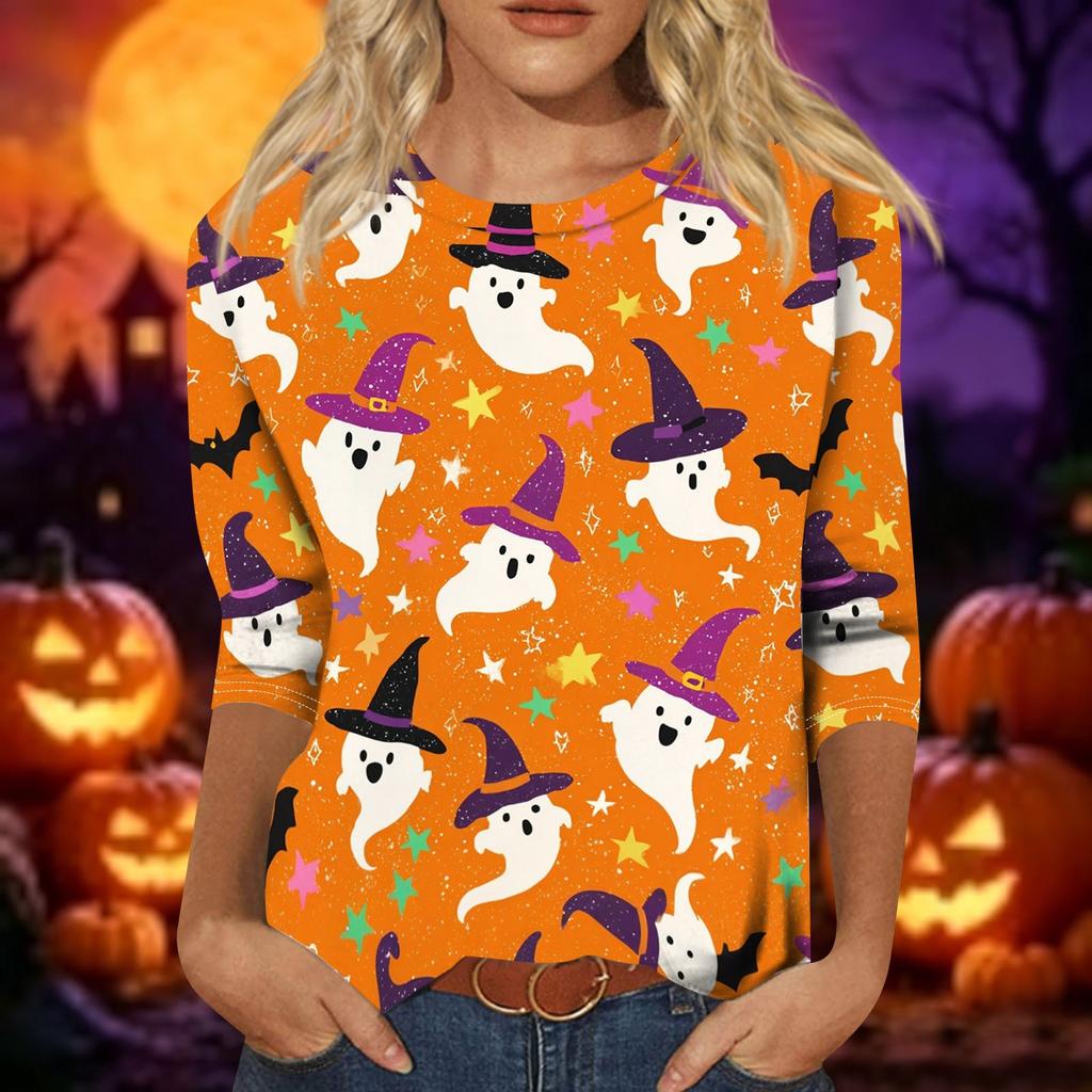 Women's Casual Halloween Print Top Three Quarter Sleeve Round Neck Pullover Shirt Lightweight Comfortable Fit for Everyday Wear