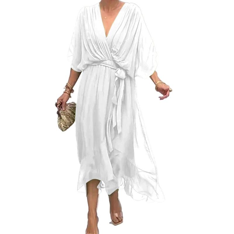 Vestido elegante feminino de verão 2025 novo estilo decote em V com cadarço manga morcego