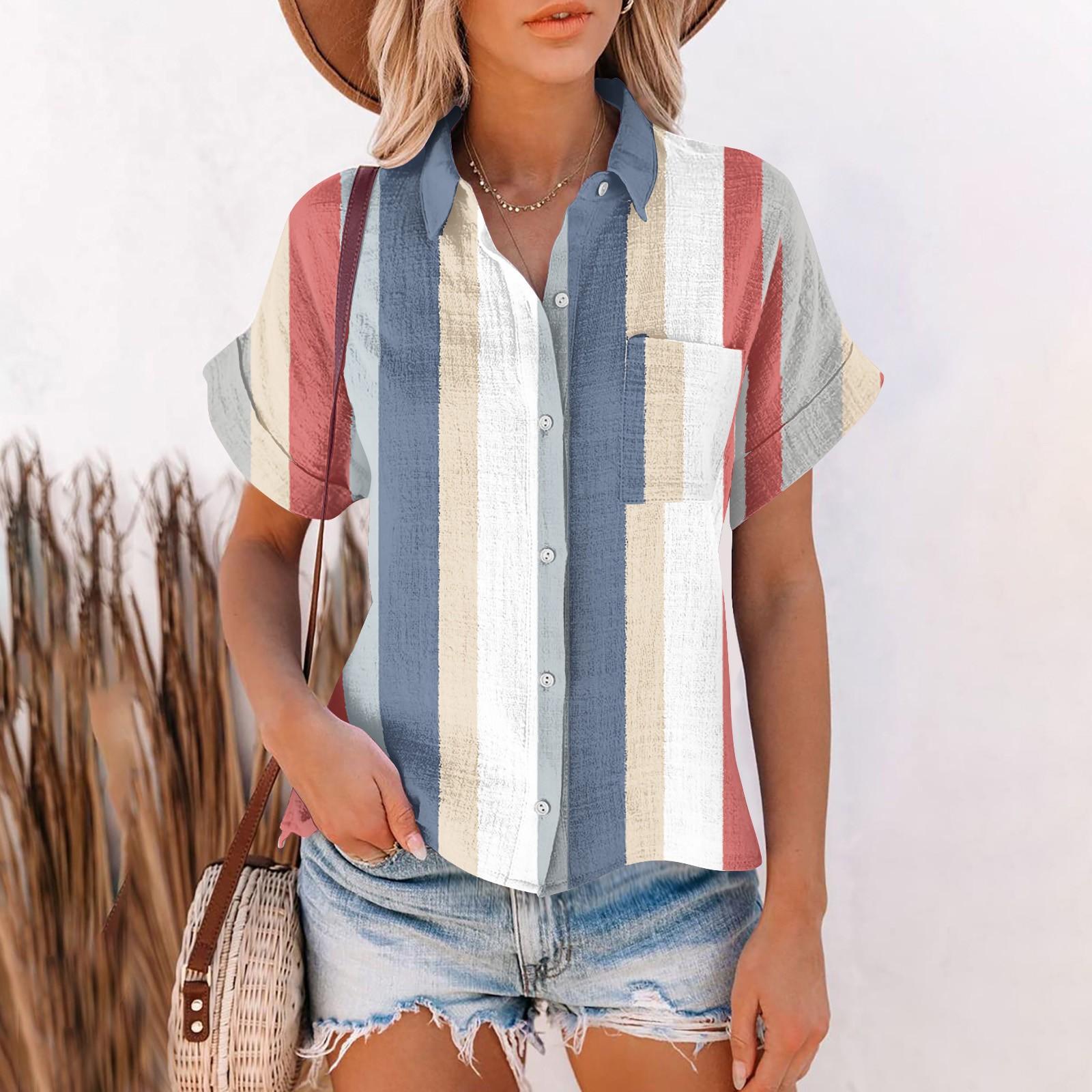 

Женская повседневная модная хлопково-льняная полосатая женская рубашка с коротким рукавом с принтом XL